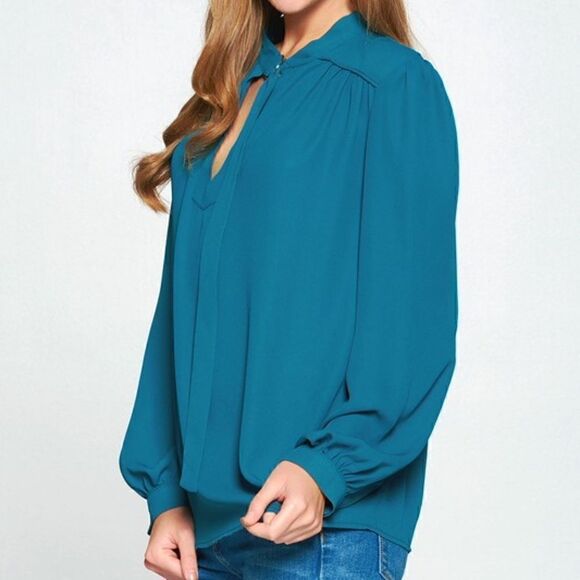 Teal Buckle Neck Blouse  - Picture 5 of 6
